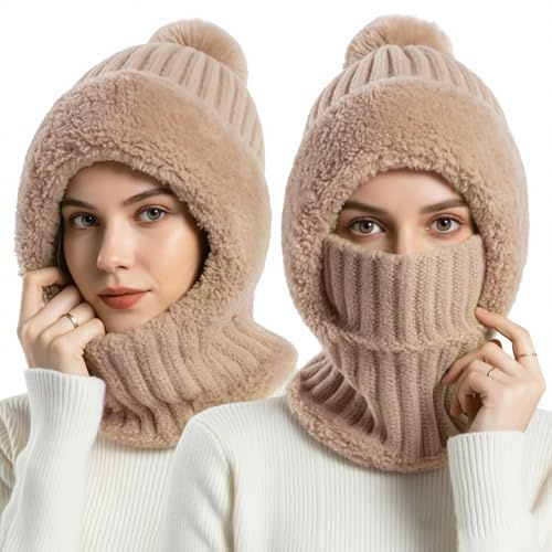 3 in 1 Mütze Damen mit Schal, Maske, Schalmütze Damen, Mützenschal Winter | Balaclava Damen, Multifunktional Schal Fleecegefüttert Winddicht Strickmütze, Thermo Kapuzenschal, Winter Mütze Damen