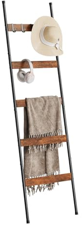 5 Tier Towel Ladder with Wood Grain Accents, Metal Leaning Towel Rack