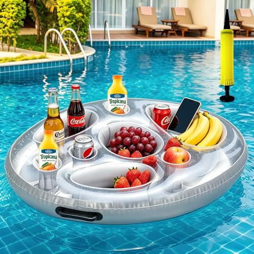 DAJASD Vassoio Galleggiante Per Piscina, 2-in-1Portabibite Gonfiabile Con Pompa Dell'aria, 8 Fori Grande Portabicchieri Piscina, Accessori Piscia Per Festa Estive in Piscin Gadget Piscin