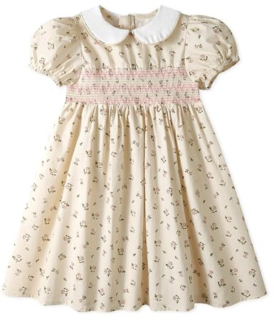 Miipat Toddler Girls Smocked Floral Dress Vintage Kids Casual Dress Puff Sleeve Peter Pan Collar Cotton Little Girl Summer Dresses