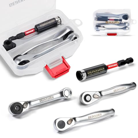 GEINXURN Juego de 4 mini carracas, 3 piezas de carraca de 1/4 pulgadas, llaves de vaso de 72 dientes con función de liberación rápida y reversible, portapuntas de 75 mm resistente a los golpes, todo