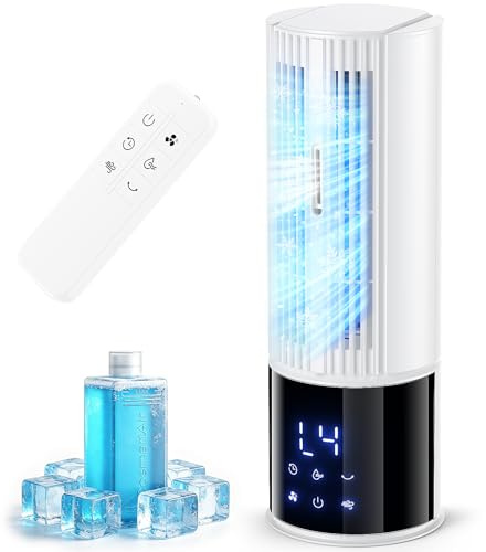 Portable Air Conditioner Air Cooler 6-in-1 Portable Tower Fan,3 Speeds, Storm Mode Cool Mist,Remote Control,Automatic Oscillation,8H Timer LED Display with Ice Pack for Home & Office Use（lvory）