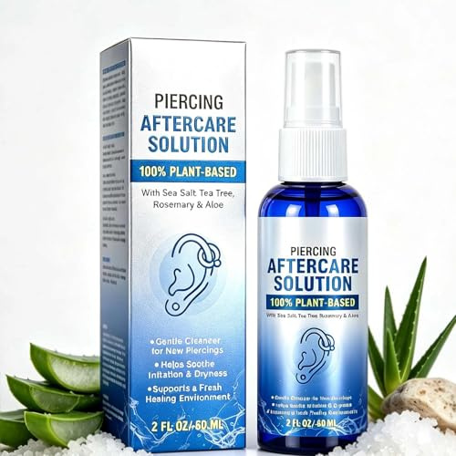 Piercing Aftercare Solution, Saline Solution for Ear, Nose & Body Piercings, with Natural Sea Salt, Aloe Vera & Rosemary, Gentle Non-Irritating Cleanser, 60ml