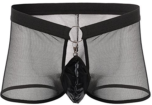 FYMNSI Herren Boxershort Transparent Netz Briefs Slip Metall Ring Retroshorts Männer Boxerbriefs Sexy Mesh Unterwäsche Durchsichtige Trunks Shorts Dessous Unterhosen Reizwäsche Nachtwäsche Schwarz M