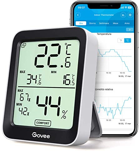 Govee Termometro Igrometro, Accurato Misuratore Interna con Intelligenti avvisi App e Dati Conservazioni Sensore di Monitoraggio Digitale LCD Bluetooth per Camera Serra Garage Cantina di Vini