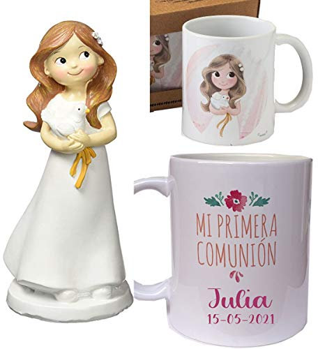 Figura comunión niña y paloma con TAZA a juego PERSONALIZADA con nombre y fecha