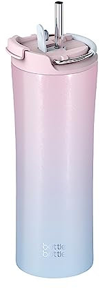bottlebottle Bottle Bottle Insulated Travel Mug with Straw and Dual-use Lid Stainless Steel Coffee Cup 500ml(18oz) Thermal Iced Coffee Flask Tumbler with Handle(Pink Blue)