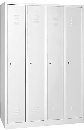 Schrank & Stuhl Spind – Metallspind mit 4 Abteilen, Schließfachschrank mit Hutboden, 30 cm Abteilbreite, Lieferung komplett montiert (Grau, mit Zylinderschlössern)