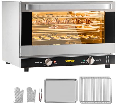 VEVOR Commercial Convection Oven, 47L/43Qt, Half-Size Conventional Oven Countertop, 1600W 4-Tier Toaster w/Front Glass Door, Electric Baking Oven w/Trays Wire Racks Clip Gloves, 120V