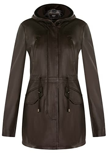 Women's Brown Leather Hooded Parker Jacket Multi-Pocket Trench Coat 5XL