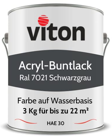 Viton Buntlack 3 Kg Schwarzgrau - Seidenmatt - Wetterfest für Außen und Innen - 3in1 Grundierung & Lack - HAE 30 - Farbe auf Wasserbasis für Holz, Metall & Stein - RAL 7021 Schwarzgrau