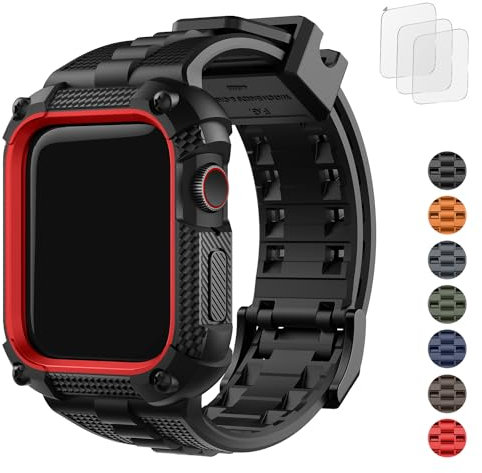 Fullmosa Compatible with Apple Watch Strap 44mm with Bumper Case, Rugged iWatch Strap with Screen Protector for Apple Watch Series 6/5/4/SE/SE2, Black and Red