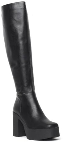 LAMODA Women's Slick Nicks Knee High Platform Boot, Black Pu, Casual Knee High Boots with Block Heel and Side Zipper, Vegan Winter Long Boots