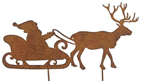 ETC dekorativer Deko-Stecker Garten-Stecker Blumenpick Nikolaus im Rentier-Schlitten Metall edelrost