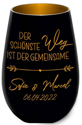 Hochzeitsgeschenk - Windlicht - Der schönste Weg ist der gemeinsame - Schwarz/Gold - personalisierbar - Gravur Namen und Datum - Liebe - Valentinstag - Jahrestag