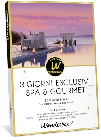 WONDERBOX - Cofanetto Regalo - 3 Giorni Esclusivi Spa & Gourmet - per 2 | 2 notti + 2 colazioni + 2 cene o 1 cena e 1 attività benessere - Più di 250 soggiorni - Hotel 5* e 4*, Resort, in Europa