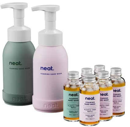 Neat Foaming Hand Wash Refill Bundle | 2 Refillable Aluminium Hand Wash Bottles and 6 Concentrated Plastic-Free Refills (Mix - Green Tea & Bergamot, Sweet Rose Water)