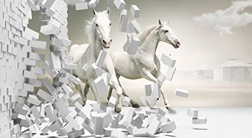 Fototapete 3D Effekt Tapeten Ziegelsteine und weiße Pferde Größe:W150CMxH105CM Wandbilder Wallpaper Dekoration Moderne Wanddeko fur Wohnzimmer Schlafzimmer Büro