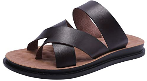 Harssidanzar Herren Männer Sandalen Hausschuhe Cross Straps Slide Slip On Flip Flops für Männer Toe Ring Style KM221EU,Braun,Größe 43