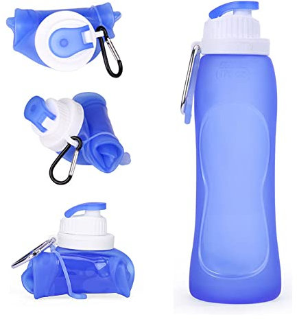 JAHEMU Borraccia Sportiva 500ML Bottiglia d'Acqua Pieghevole Silicone Riutilizzabile Borracce Collapsible blu Water Bottles per Escursionismo Adventures Viaggi Campeggio