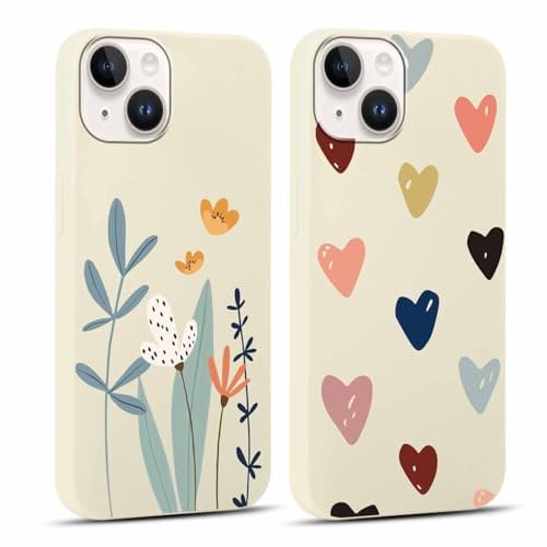 Yoedge 2 Stück Handyhülle für iPhone 14 / iPhone 13 Hülle,Liebesherz & Blumen Muster Design Mädchen Aesthetic Handyhülle Dünn Weich Schlanke Silikon Flexibel Stoßfest Schutzhülle für iPhone 13 6,1