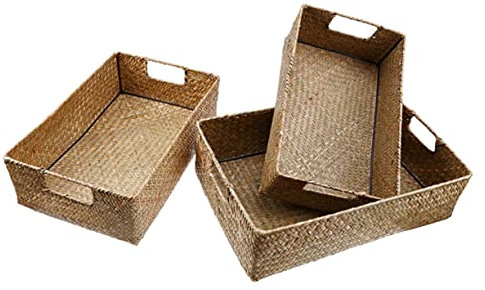 CAXUSD Retro Hand-woven Seaweed Storage Basket Handle Rectangular Sundries Organizer for Kitchen Books Toys Desktop 33X23X11CM