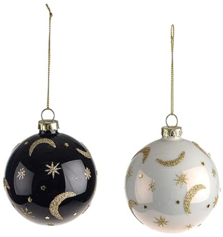 2 x Moon & Stars Glossy Celestial Design Glass Christmas Tree Baubles Decorations with Gold Glitter Detail - Black, Winter White & Gold - 8 cm