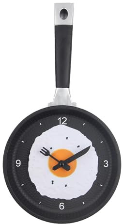Wall Clock, Kitchen Decorative Frying Pan Wall Mounted Clock, 3D Pan with Fried Egg Shape Pot Wall Clock, Modern Design for Kitchen Decoration, ABS Fried Egg Frying Pan Shape Silent Battery(Black)