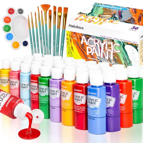 Halobios Acrylic Paint Set 36 Colors(2 fl oz/60 ml), Premium Acrylic Paints for Kids & Adults, With Fluorescent Colors & Metallic Colors for Painting, Drawing & Art Supplies, DIY Arts and Crafts
