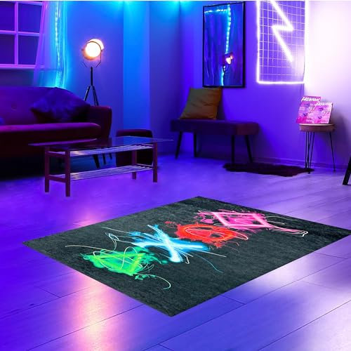 CARPETIA Gamingteppich farbecht leicht zu pflegen antirutsch langlebig leuchtende Neonfarbene Symbole in bunt, 80 x 150 cm