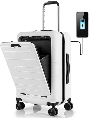 COSTWAY 20 Carry on Suitcase with USB Charging Port, Laptop Compartment, TSA Lock and 4 Spinner Wheels, PC Hardshell Suitcase Cabin Luggage, Lightweight Trolley Luggage Travel Case (White)