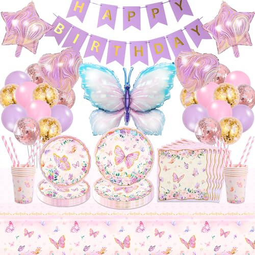 Schmetterling Geburtstag Deko Kindergeburtstag Geschirr Mädchen-115Pcs Schmetterlinge Partygeschirr Set mit Luftballon Balloon Geburtstagsdeko Girlande Pappteller Tortendeko Party Deko für 16 Gäste