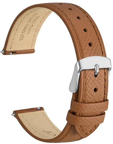 WOCCI 18mm Grace Uhrenarmband für Damen, Top Grain Leder, Schnellverschluss, Silberner Schnalle (Braun)