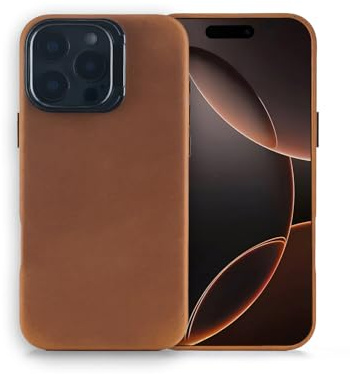 Synchro Bands Leather Case for iPhone 16 Pro Genuine Leather Compatible with MagSafe, Built-in Stand - Vintage Top Full Grain Crazy Horse Cowhide Leather Cover Brown