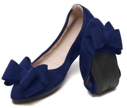 YOUNIFIZ Women Ballet Flats Foldable Fashion Bowtie Comfort Pointed Toe Slip On Ballerina Ladies Casual Comfort Faux Suede Loafers (Navy Blue,Size 5.5)