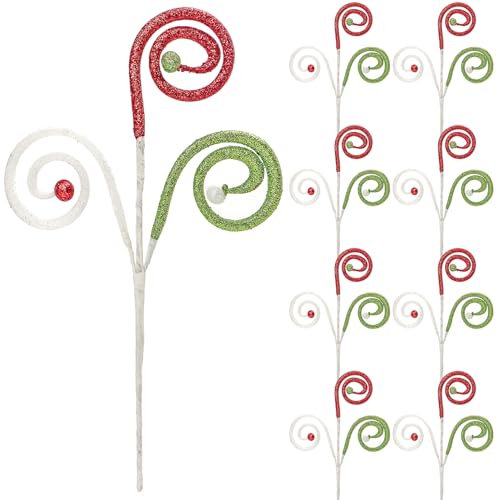 Set di 8 decorazioni per albero di Natale ricci glitterate, a forma di vortice, con steli finti per albero di Natale, casa, vacanze, composizioni floreali, ghirlande, vasi artigianali (rosso, verde,