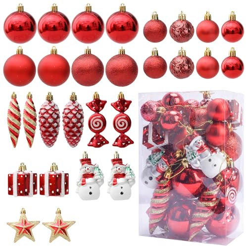 HO2NLE 29-teiliges Weihnachtskugel-Set mit roten Weihnachtskugeln, Ornamenten mit Weihnachtsbonbons, Sternen, Pinienkernen, bruchsicher, Weihnachtsbaumschmuck für traditionelle Weihnachtsdekoration