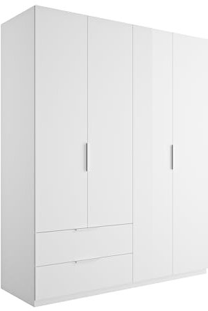 AVANTI TRENDSTORE - Paciano - Kleiderschrank mit 4 Flügeltüren und 2 Schubladen, laminiertes Holz in der Farbe Weiß Hochglanz, Maße LAP ca. 162,2 x 200 x 58 cm