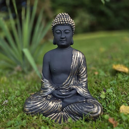 FABRIQ Buddha Figur aus Stein, für draußen, Buddha Feng Shui, Buddha deko, Zen Garten – Gold-Schwarz, 30 cm, Wetterfest, Dekoration für Haus und Garten (Gold)