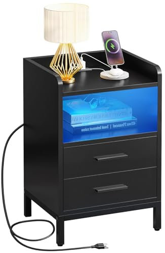 YITAHOME Nachttisch mit Ladestation Nachttisch Schwarz mit LED und Steckdose Nachtschrank mit 2 Schubladen &1 Fach Nightstand Sofatisch Beistelltisch Bedside Table für Wohnzimmer, Schlafzimmer