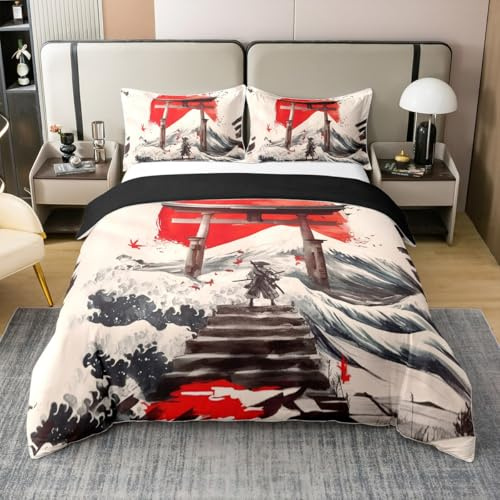 Loussiesd Japanese Ukiyoe 100% Baumwolle Bettwäsche Set 135x200cm für Kinder Jungen Mädchen Japanese Style Betten Japan Samurai Bettbezug Red Sunset Sea Waves Bettwäsche-Set