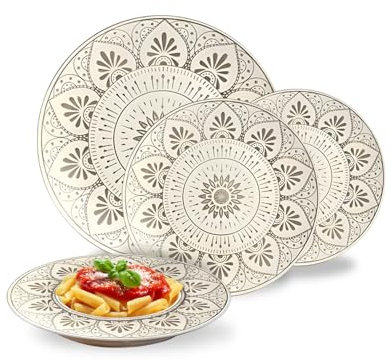 Avilia Lot de 18 assiettes modernes en porcelaine avec motif Mandala taupe, service élégant pour 6 personnes