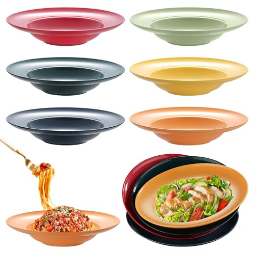 LEKEFETO 6 piatti per pasta profondi: set di piatti fondi da 23 cm in plastica riutilizzabile, piatti colorati per spaghetti, pasta, insalate, bistecche