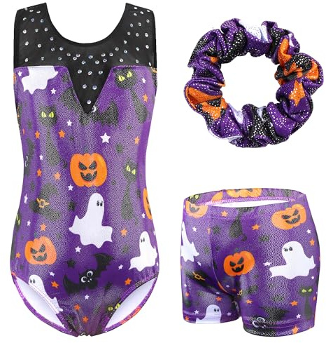 ZNYUNE Justaucorps gymnastique fille Un short et un chouchou Ensemble Body avec Short pour Enfant 3-16 Ans B387 PurplePumpkin 8A