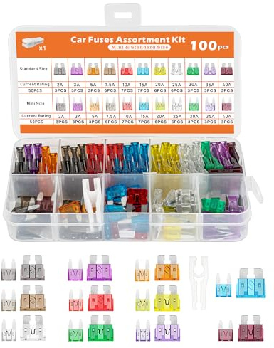Acual 100 PCS Car Fuse Kit, 50 Mini & 50 Standard 1 Puller,2A-40A | 50 Mini Blade Fuses + 50 Standard Automotive 1 Puller, Automotive Replacement Kit For Boat RV Truck Motorcycle,2A-40A