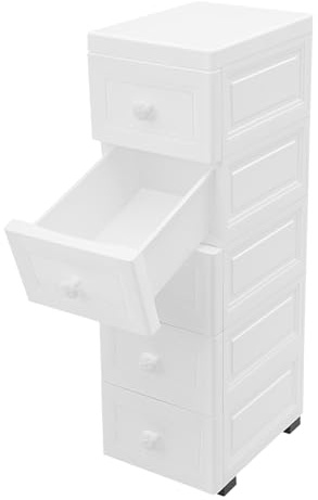 Schubladenschrank mit Rädern 5-Schubladen Schmale Aufbewahrungsschrank aus PP Kunststoff wasserdicht platzsparend 25x34x82 cm für Badezimmer Büro Wohnzimmer mit Blumengriff Weiß