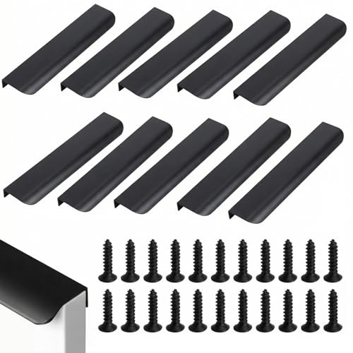 XRVRILE Set de 10 Tiradores Ocultos para Cocina de Aluminio Negro Mate 200 mm – Tiradores Invisibles Empotrados Tipo Uñero para Cajones y Armarios, Estilo Moderno Sin Huellas, con Tornillos