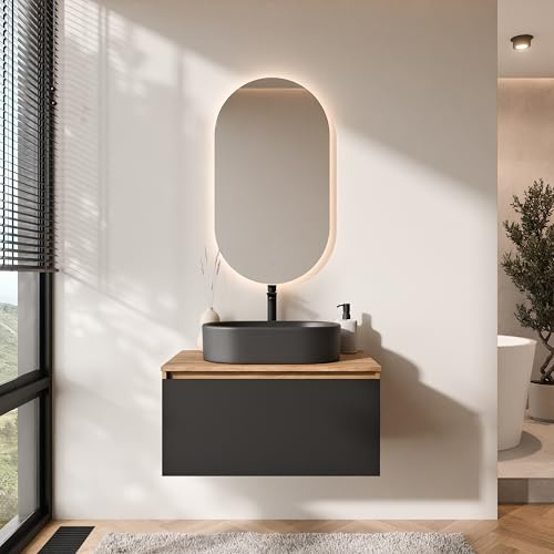 Planetmöbel Arisa Badmöbel Set Waschtisch mit Unterschrank | 80 cm, gold eiche schwarz mit LED Spiegel, Waschbecken 55 cm gold eiche schwarz, Raumsparsiphon