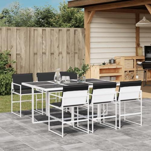 JHQHSM 7-TLG. Garten-Essgruppe mit Kissen Weiß Textilene, Klappbare Stühle und Tisch mit Glasplatte für Terrasse, Langlebige Outdoor-Möbel mit UV-Schutz und waschbaren Bezügen,