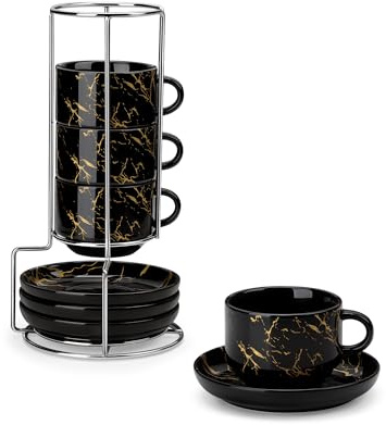 MALACASA Espressotassen 4er Set, 75 ml Espresso Tassen Dickwandig mit Untertassen & Ständer, Stapelbar Italienische Espressobecher aus Schwarz Porzellan, Spülmaschinengeeignet, Serie Regular